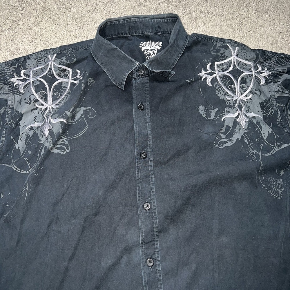 Vintage Y2K SouthPole Button Up Shirt Mens 2XL Black Grunge Goth Skater Punk